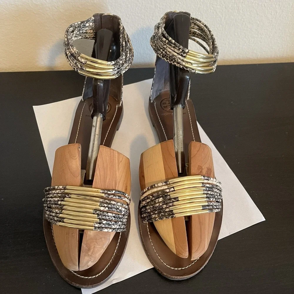 Tory Burch Mignon Rings Snake Print  Leather Sandals Ankle Strap Womens 11 Chic